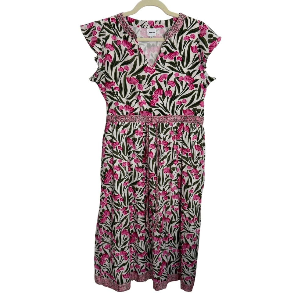 Charlee Floral Cinch Waist‎ Cotton Maxi Dress size small